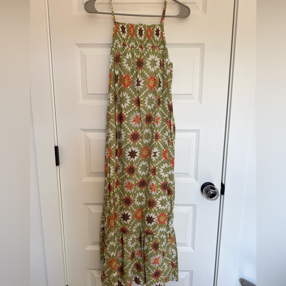 Universal Thread Olive Green Maxi Dress with Orange, White & Brown Floral Print